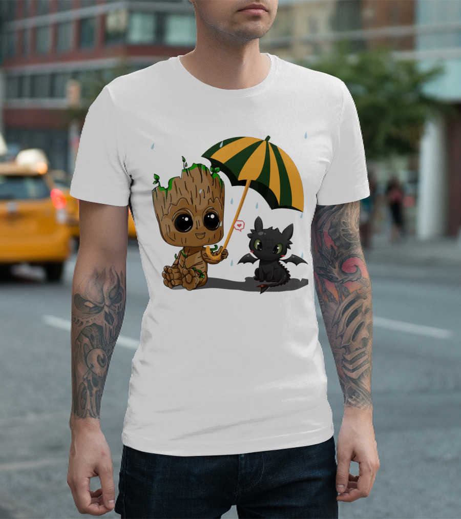 Groot and Little Hiccup Dragon Sharing Umbrella in the Rain T-Shirt