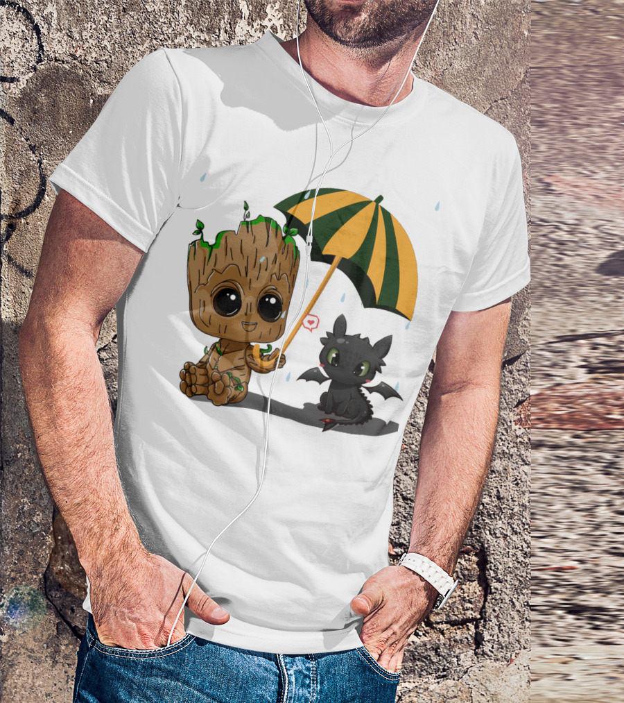 Groot And Little Hiccup Dragon Sharing Umbrella In The Rain T-Shirt