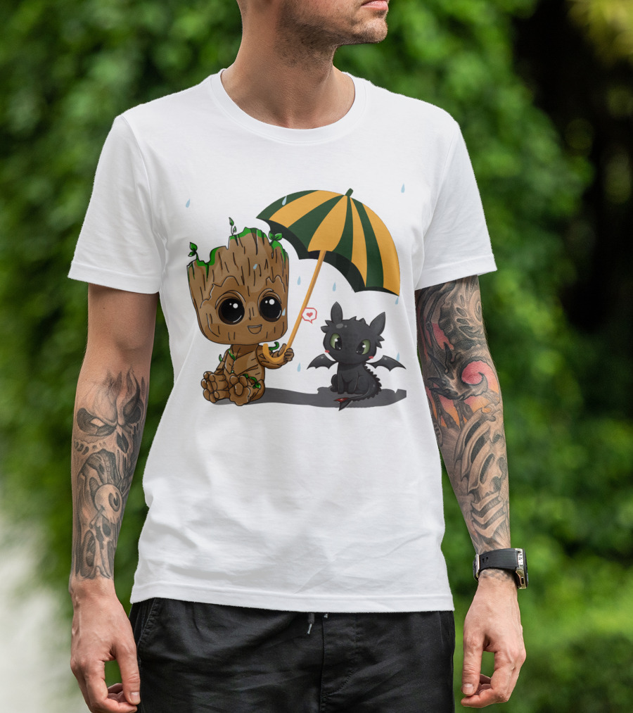 Groot And Little Hiccup Dragon Sharing Umbrella In The Rain T-Shirt
