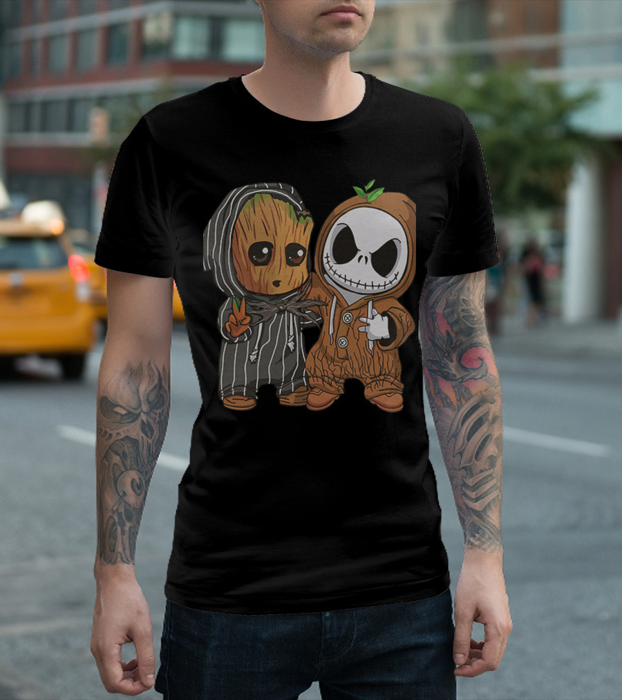 Groot In Striped Hoodie And Jack Skellington In Wood-Patterned Suit T-Shirt
