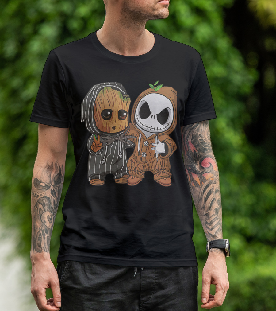 Groot In Striped Hoodie And Jack Skellington In Wood-Patterned Suit T-Shirt