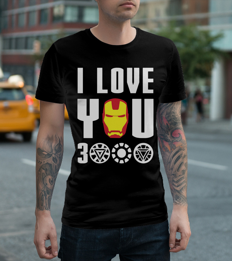 I Love You 3000 with Iron Man Mask and Arc Reactor Symbols T-Shirt