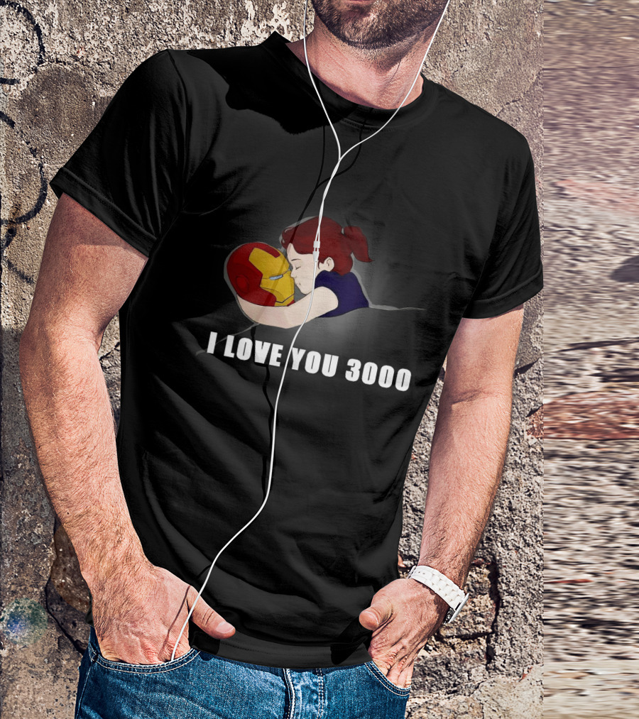 Morgan Stark Hugging Iron Man Helmet With I Love You 3000 Text T-Shirt