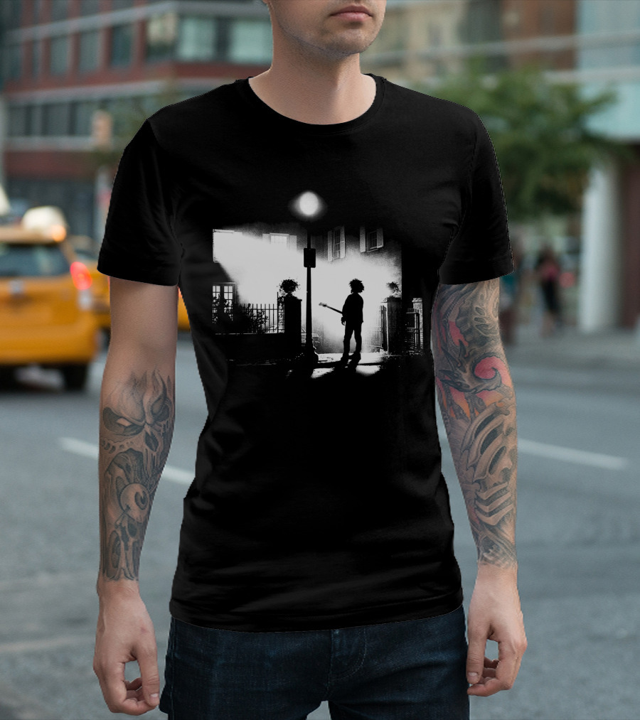 Curexorcist Gothic Silhouette Under Streetlight With Guitar In Black And White Urban Scene T-Shirt