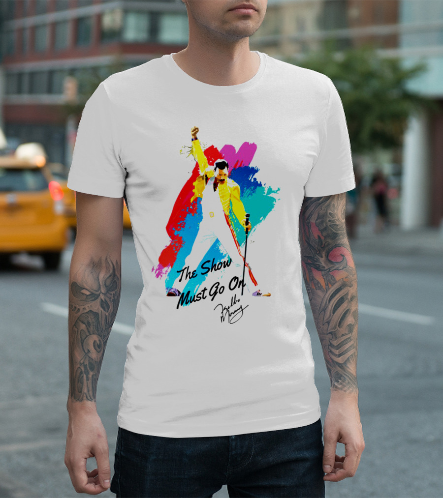 Queen The Show Must Go On Signature Artwork Colorful Freddie Mercury Image T-Shirt