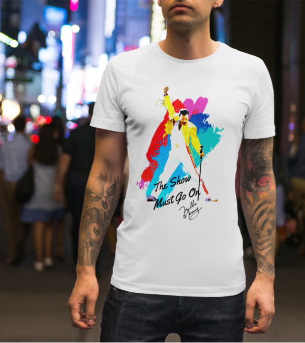 Queen The Show Must Go On Signature Artwork Colorful Freddie Mercury Image T-Shirt