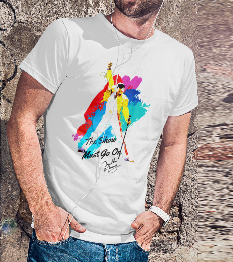 Queen The Show Must Go On Signature Artwork Colorful Freddie Mercury Image T-Shirt