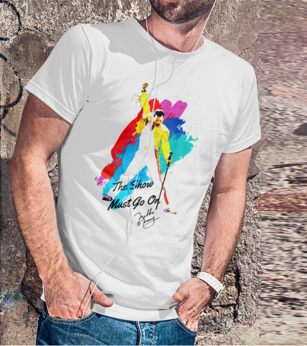 Queen The Show Must Go On Signature Artwork Colorful Freddie Mercury Image T-Shirt