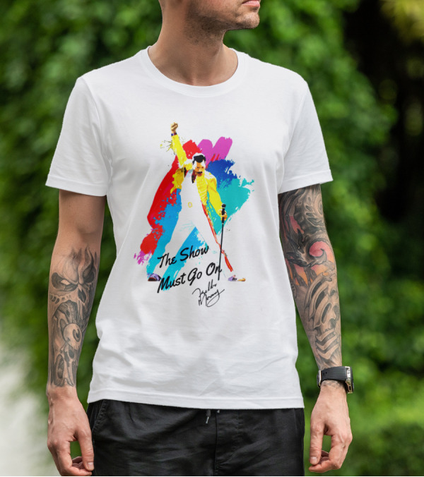 Queen The Show Must Go On Signature Artwork Colorful Freddie Mercury Image T-Shirt
