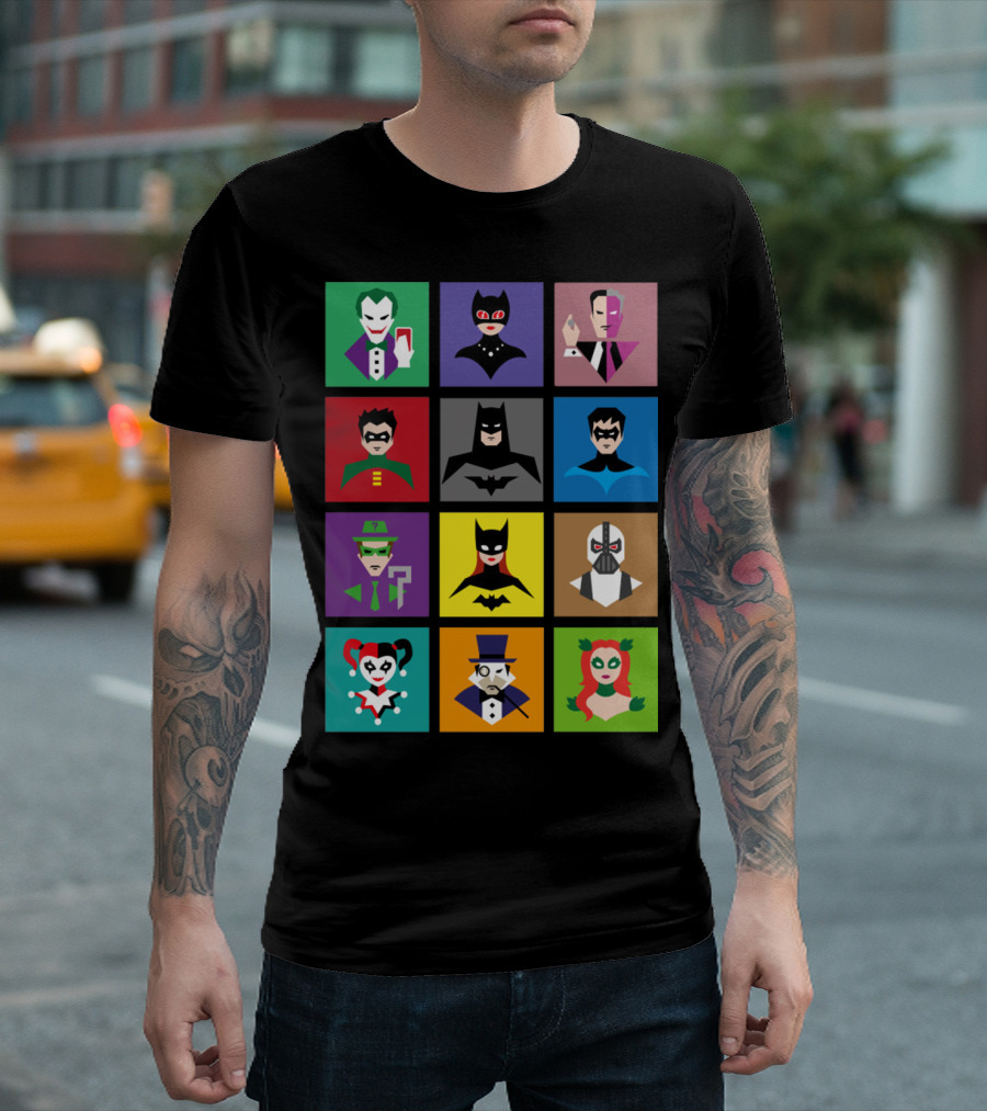 Batman Animated Villains Heroes Joker Catwoman Two-Face Robin Nightwing Riddler Batgirl Bane Harley Quinn Penguin Poison Ivy T-Shirt
