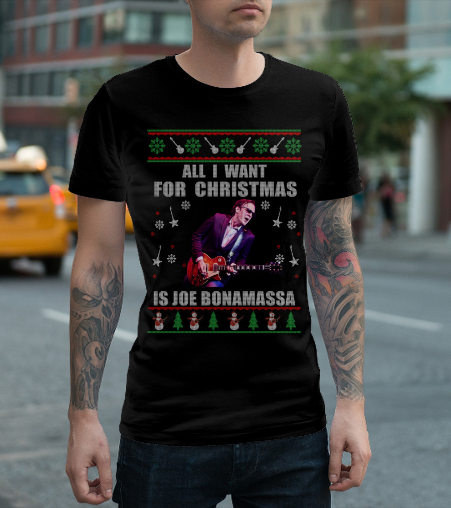 All I Want for Christmas Is Joe Bonamassa Holiday Sweater Design Snowflakes Guitars T-Shirt