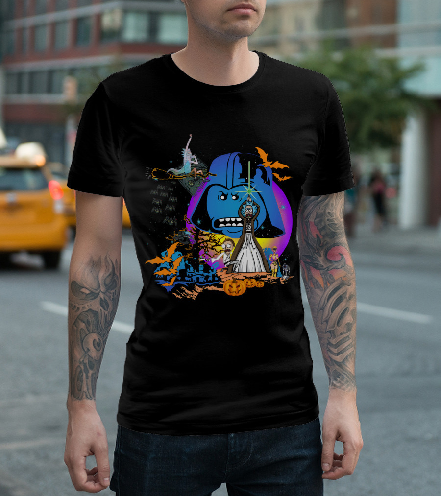 RICK MORTY Star Wars Darth Vader Halloween Crossover with Lightsabers and Pumpkins T-Shirt