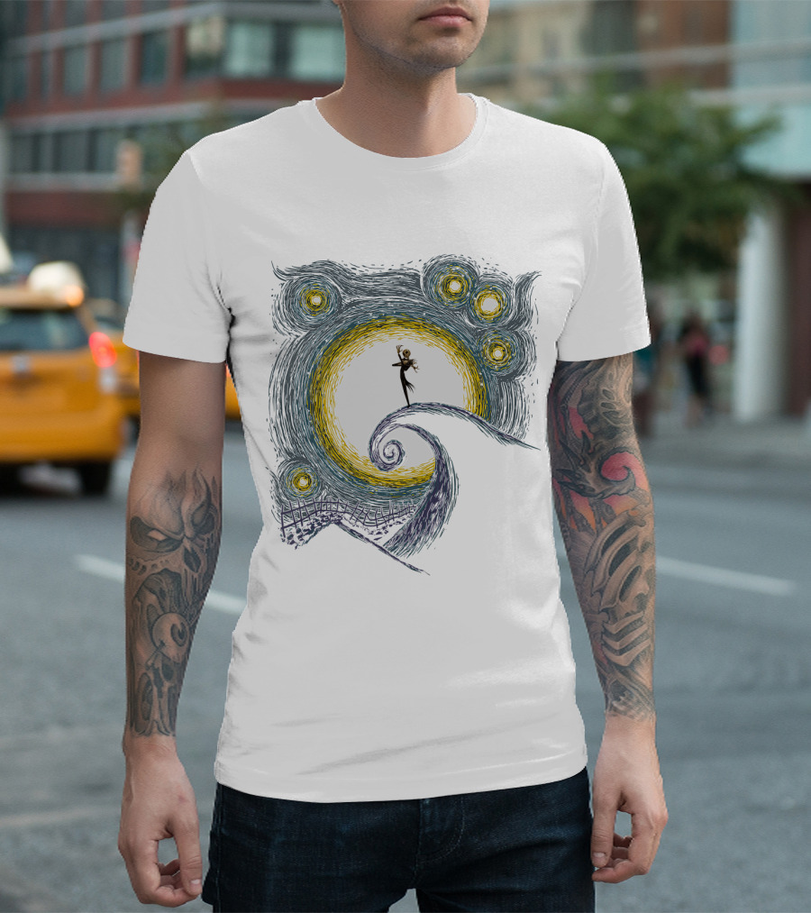 Jack Skellington On Curled Hill With Starry Night Inspired Background T-Shirt