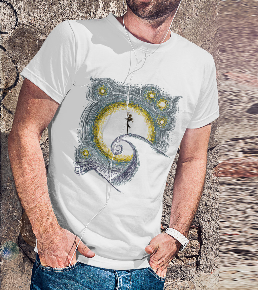 Jack Skellington On Curled Hill With Starry Night Inspired Background T-Shirt