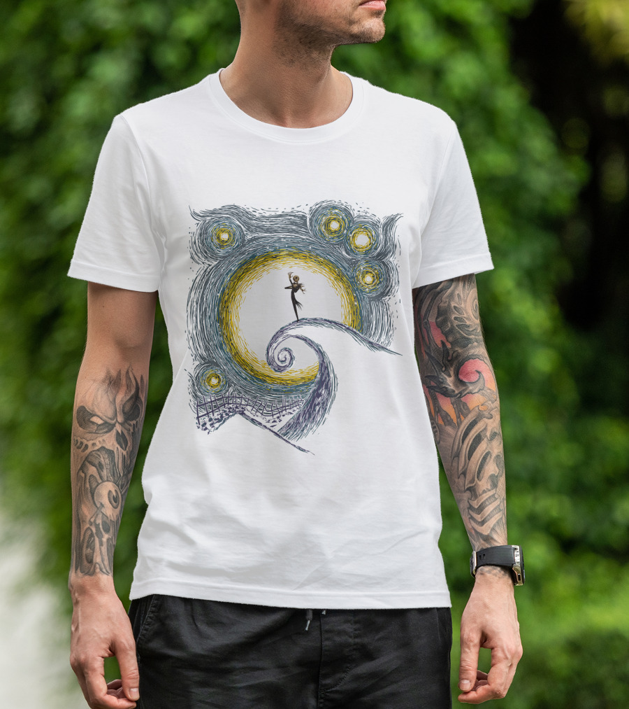 Jack Skellington On Curled Hill With Starry Night Inspired Background T-Shirt