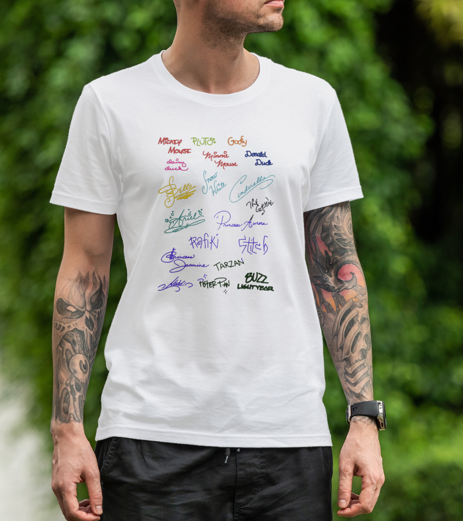 Mickey Mouse Pluto Goofy Minnie Donald Belle Snow White Cinderella Ariel Aurora Rafiki Stitch Jasmine Tarzan Mulan Peter Pan Buzz Lightyear Signatures T-Shirt