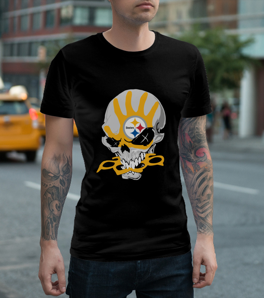 Pittsburgh Steelers Skull With Logo And Brass Knuckles T-Shirt