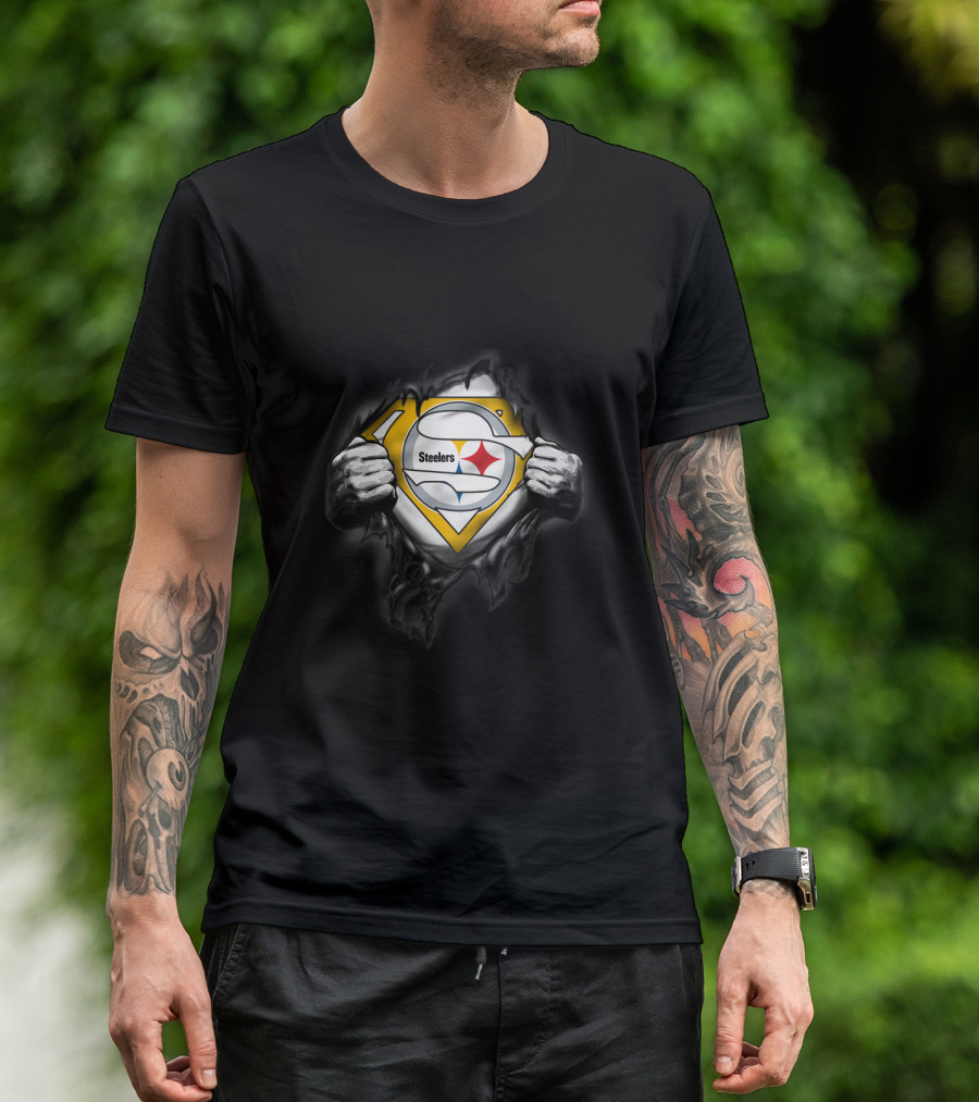 Steelers Emblem Revealed Through Superhero Suit Tear T-Shirt