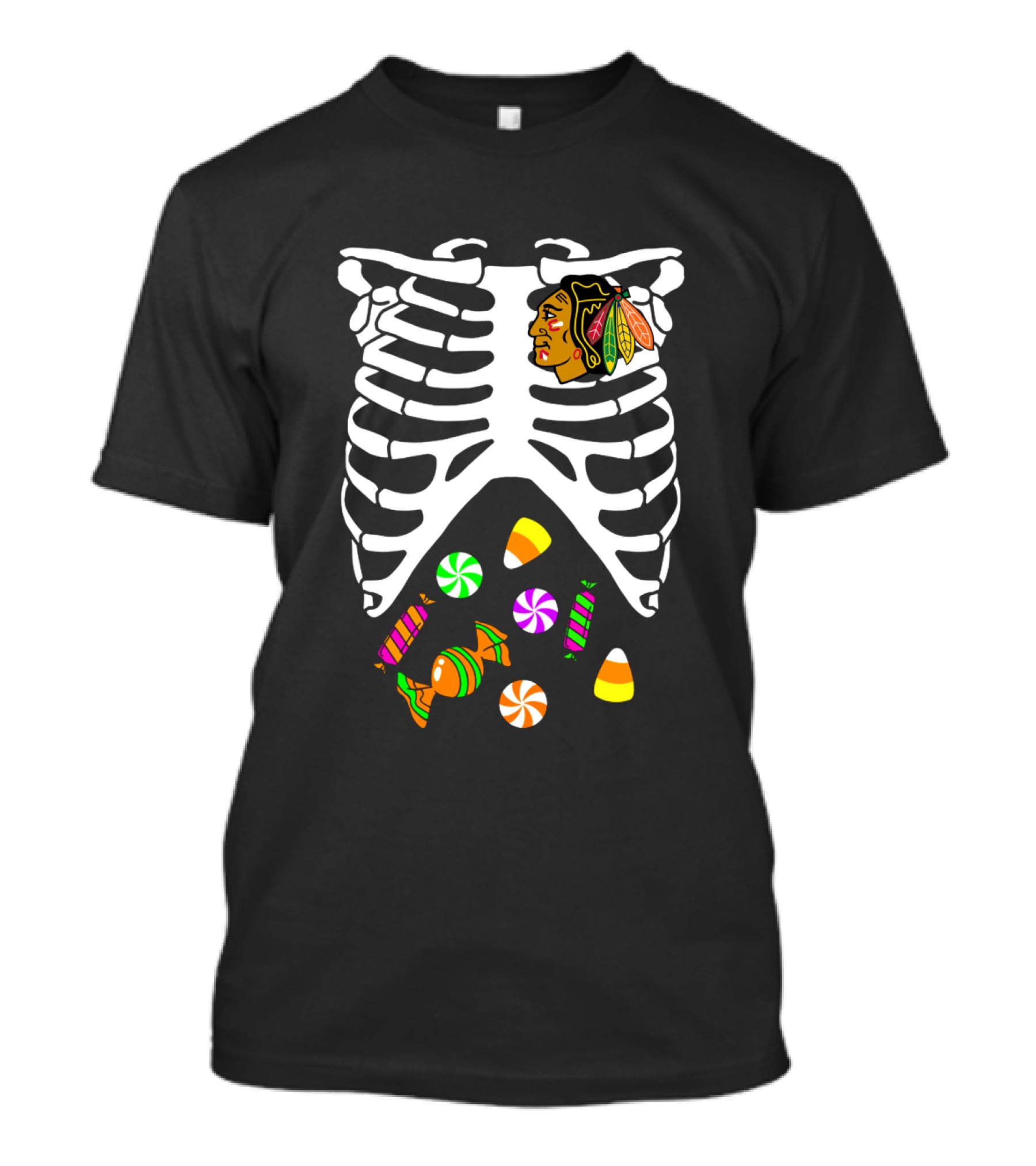Chicago Blackhawks Skeleton Candy Ribcage Halloween T-Shirt