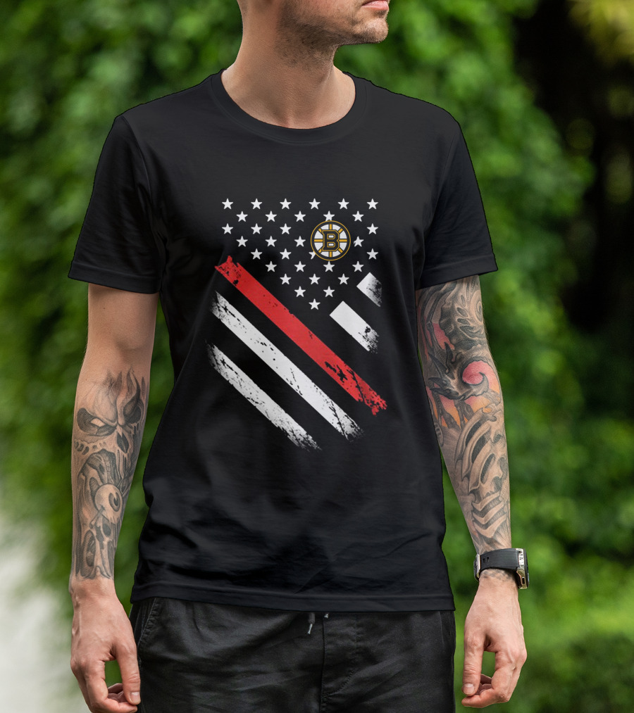 Boston Bruins American Flag Hockey Logo Stars Stripes T-Shirt