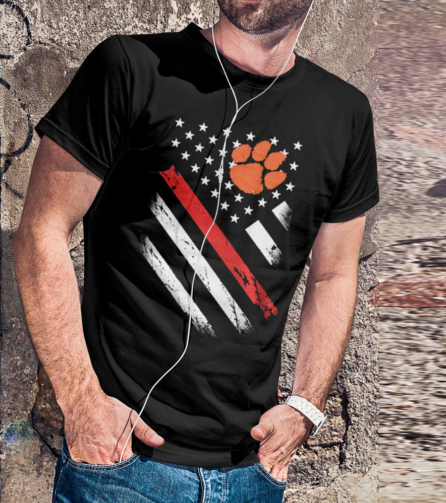 Clemson Tigers Football American Flag Paw Print Stars Stripes T-Shirt