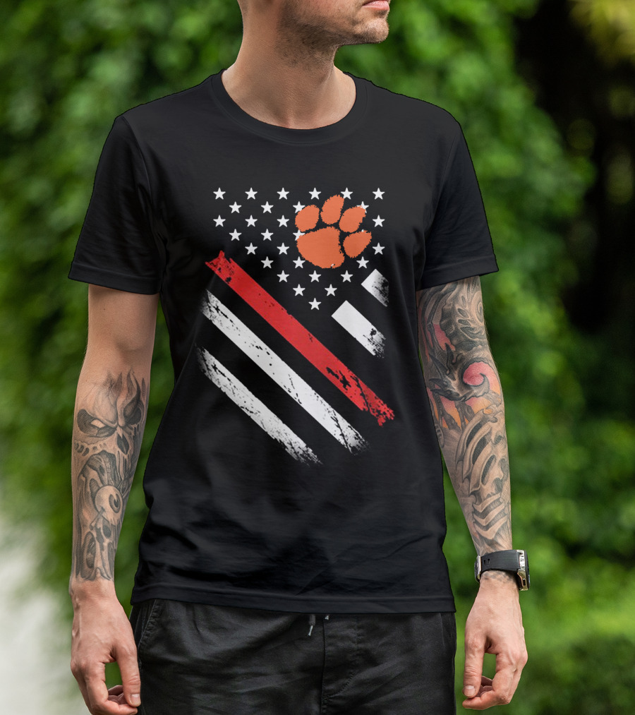 Clemson Tigers Football American Flag Paw Print Stars Stripes T-Shirt