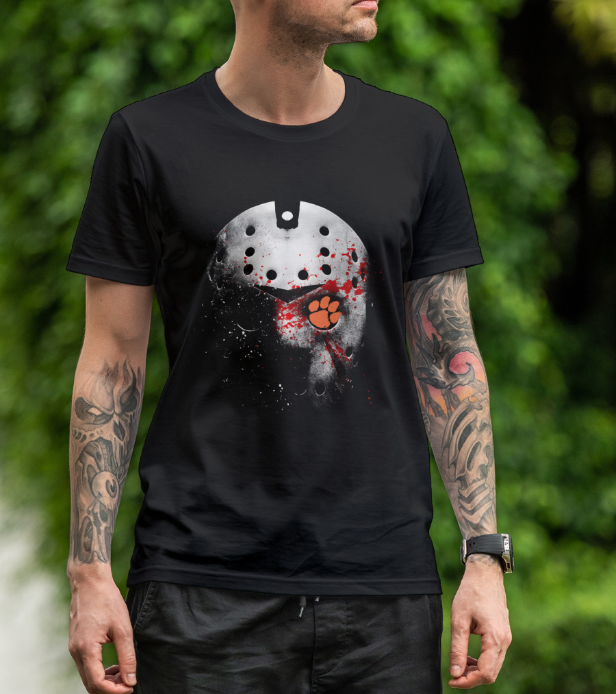 Clemson Tigers Football Jason Voorhees Mask With Paw Print And Blood Splatter T-Shirt