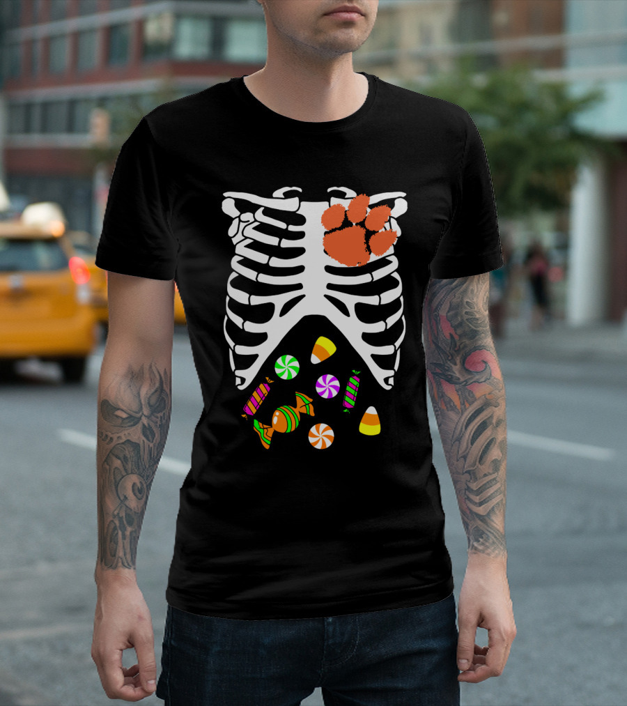 Clemson Tigers Halloween Candy Skeleton Paw Print T-Shirt