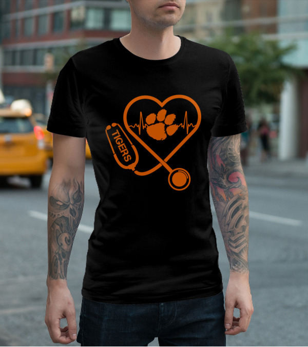 Clemson Tigers Heartbeat Stethoscope Paw Print T-Shirt