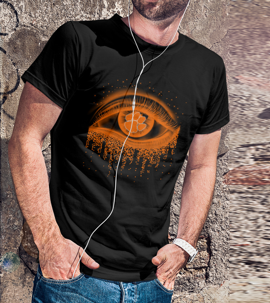 Clemson Tigers Football Eye With Orange Tiger Paw Logo And Starry Drips T-Shirt