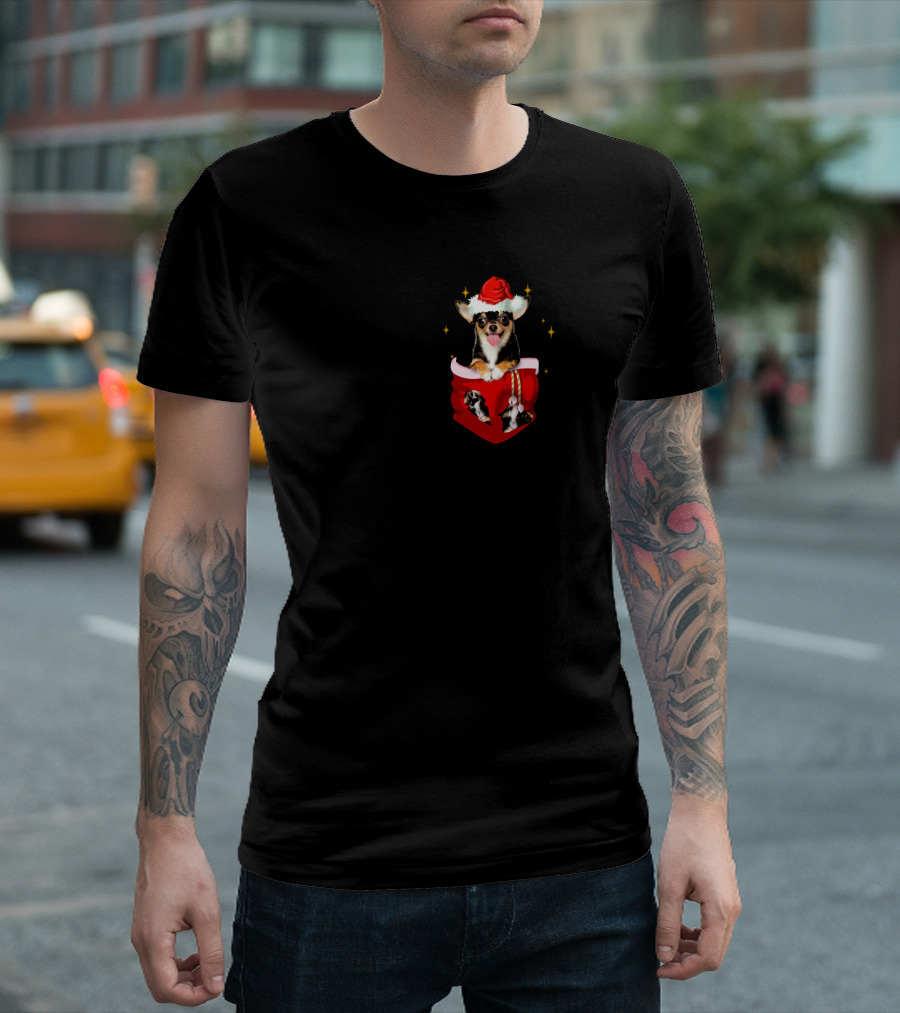 Chihuahua In Santa Hat Pocket With Christmas Sparkles T-Shirt