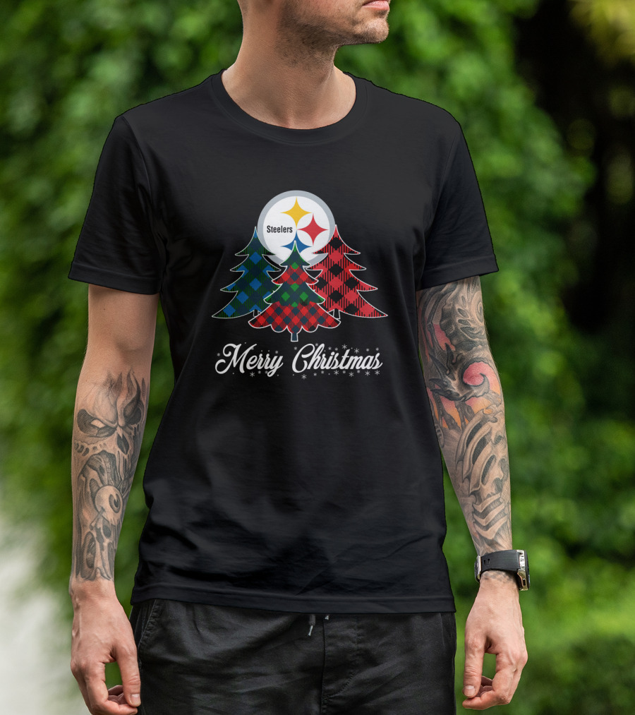 Steelers Merry Christmas Plaid Trees T-Shirt