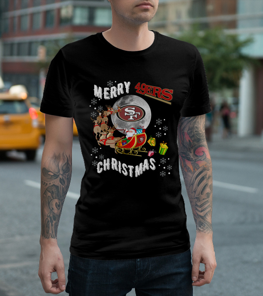 Merry Christmas 49ers Santa Sleigh Snowflakes T-Shirt