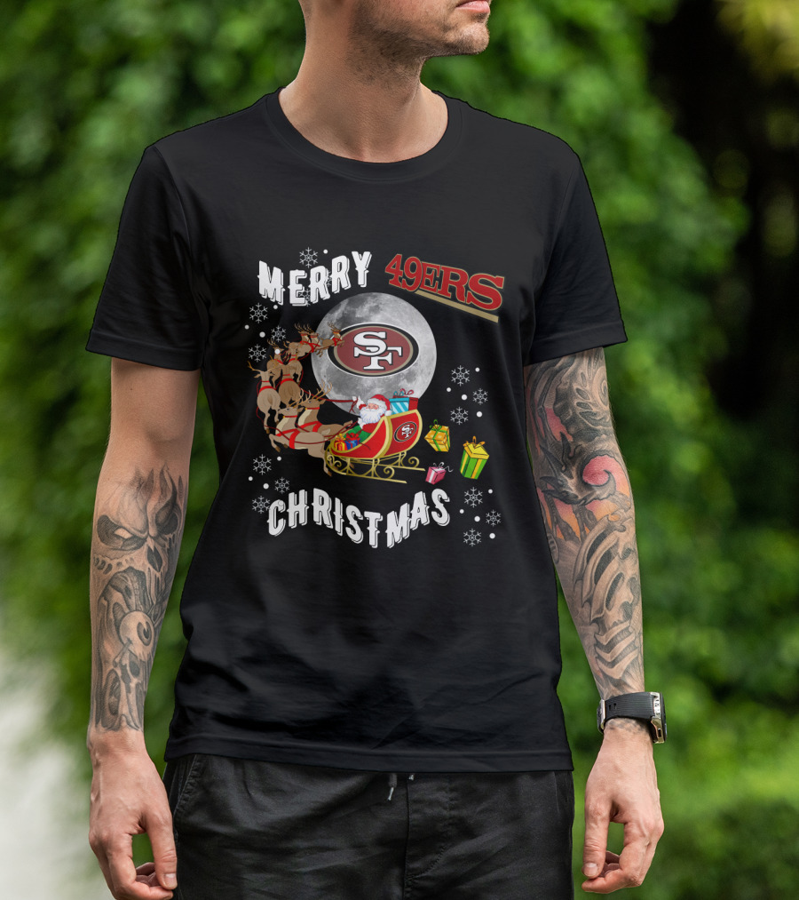 Merry Christmas 49ers Santa Sleigh Snowflakes T-Shirt