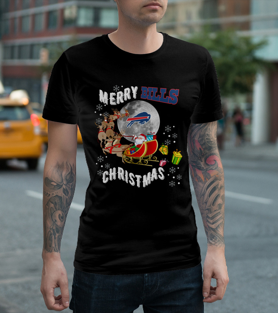 Merry Bills Christmas Buffalo Bills Santa Sleigh And Moon T-Shirt