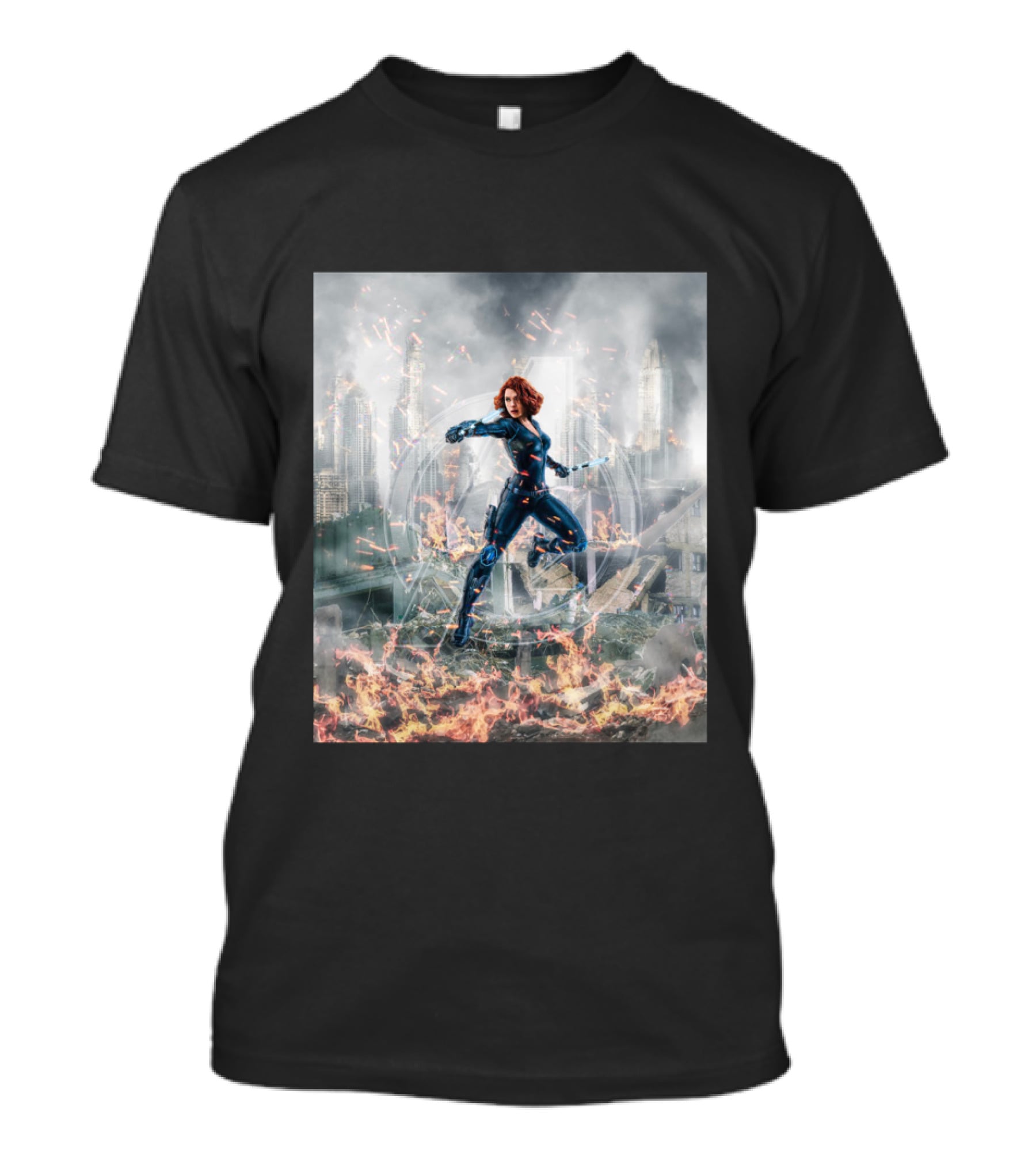 Avengers Cool Black Widow Action Scene Amidst Destruction T-Shirt