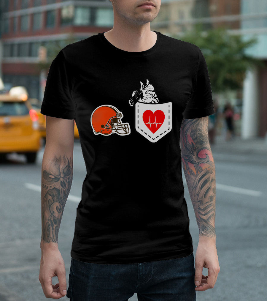Cleveland Browns Helmet Zebra Heartbeat Pocket T-Shirt