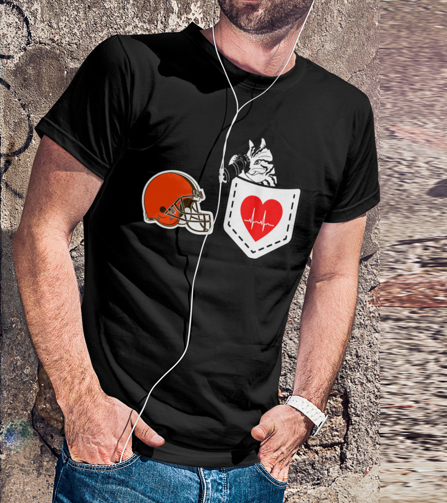 Cleveland Browns Helmet Zebra Heartbeat Pocket T-Shirt
