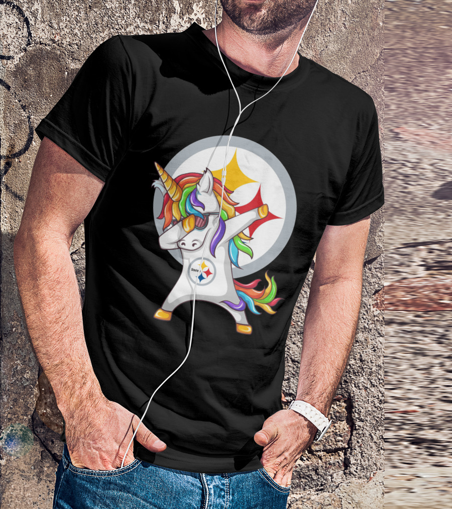 Unicorn Dabbing With Steelers Logo Rainbow Mane T-Shirt