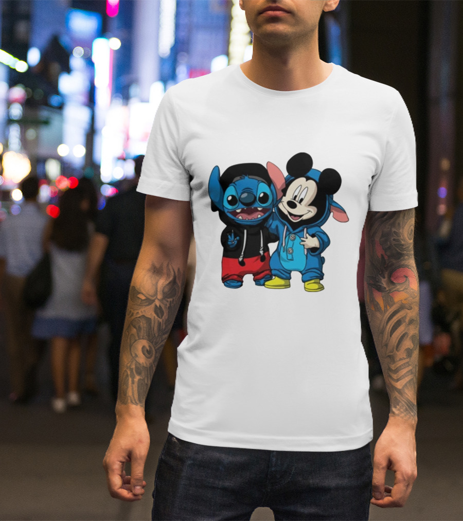 Mickey Mouse And Stitch In Hoodies T-Shirt