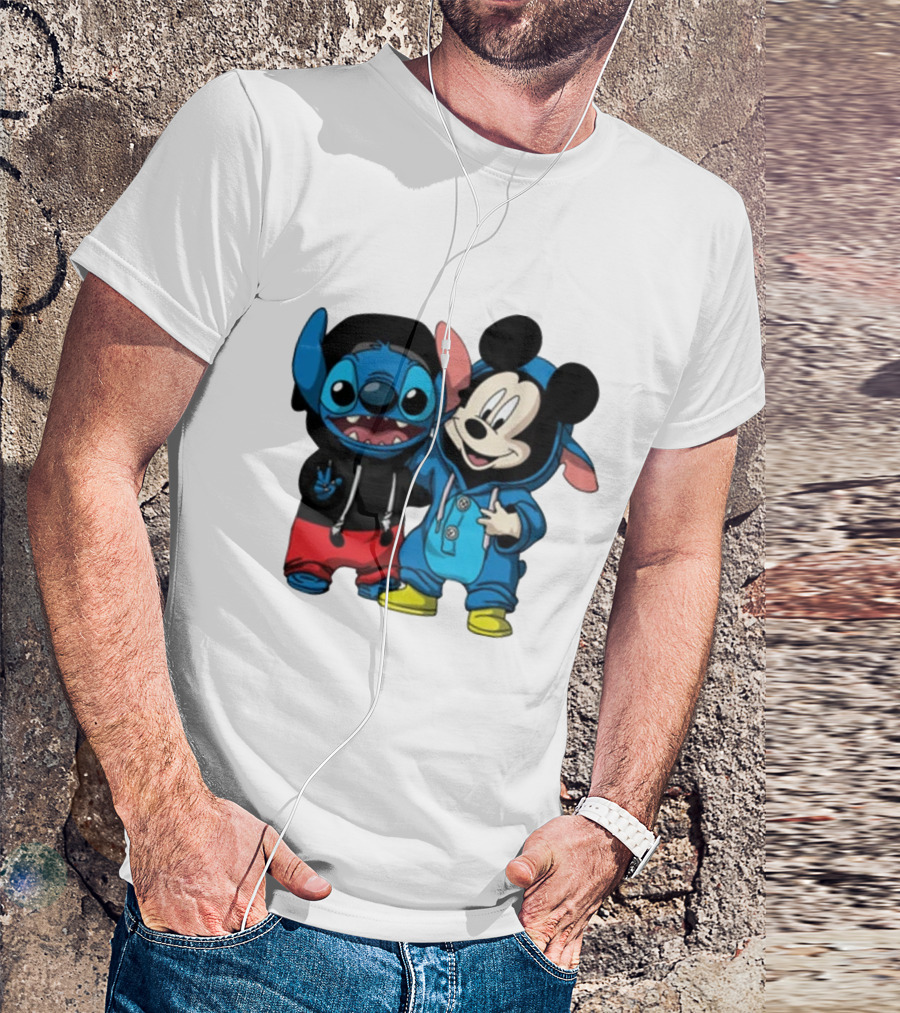 Mickey Mouse And Stitch In Hoodies T-Shirt