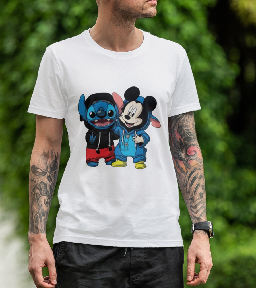 Mickey Mouse And Stitch In Hoodies T-Shirt