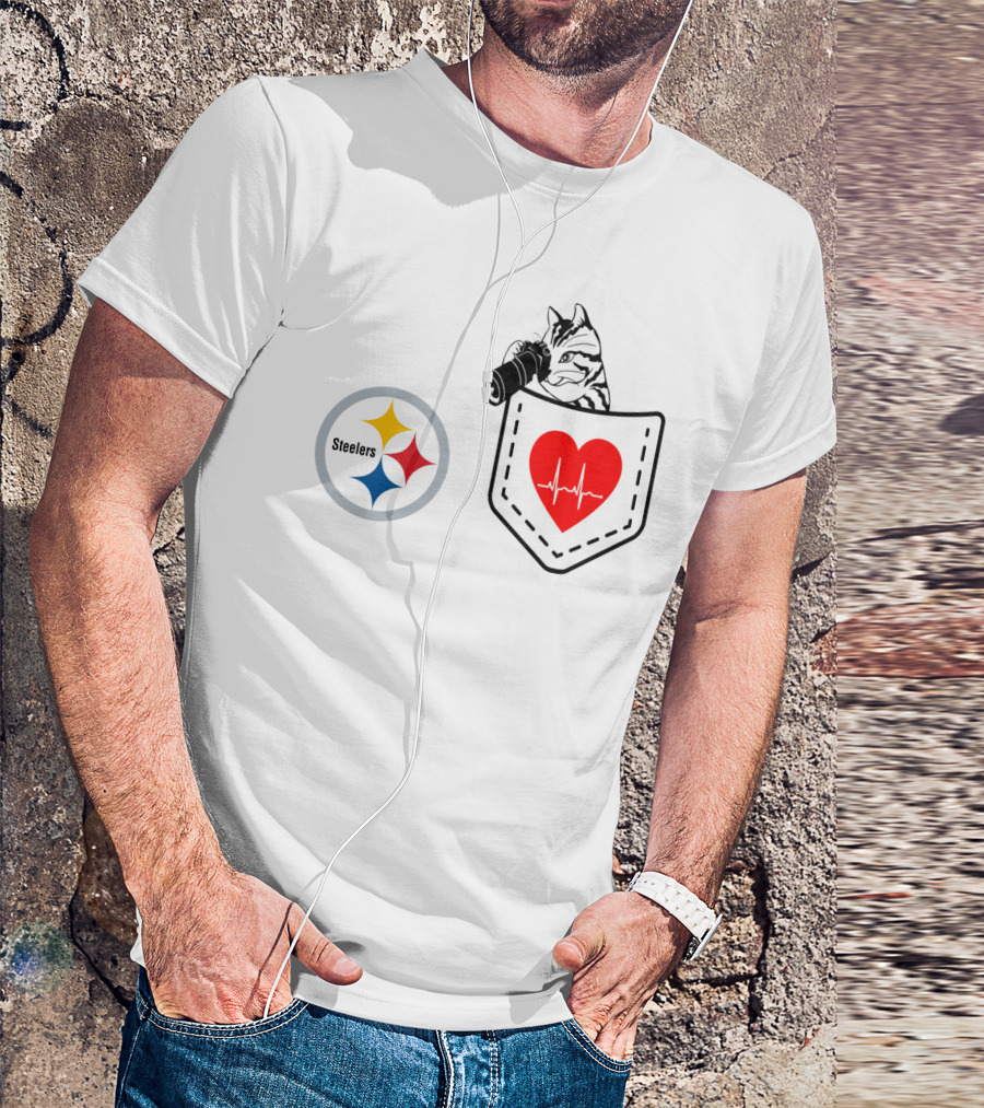 Pittsburgh Steelers Cat With Heartbeat Pocket T-Shirt