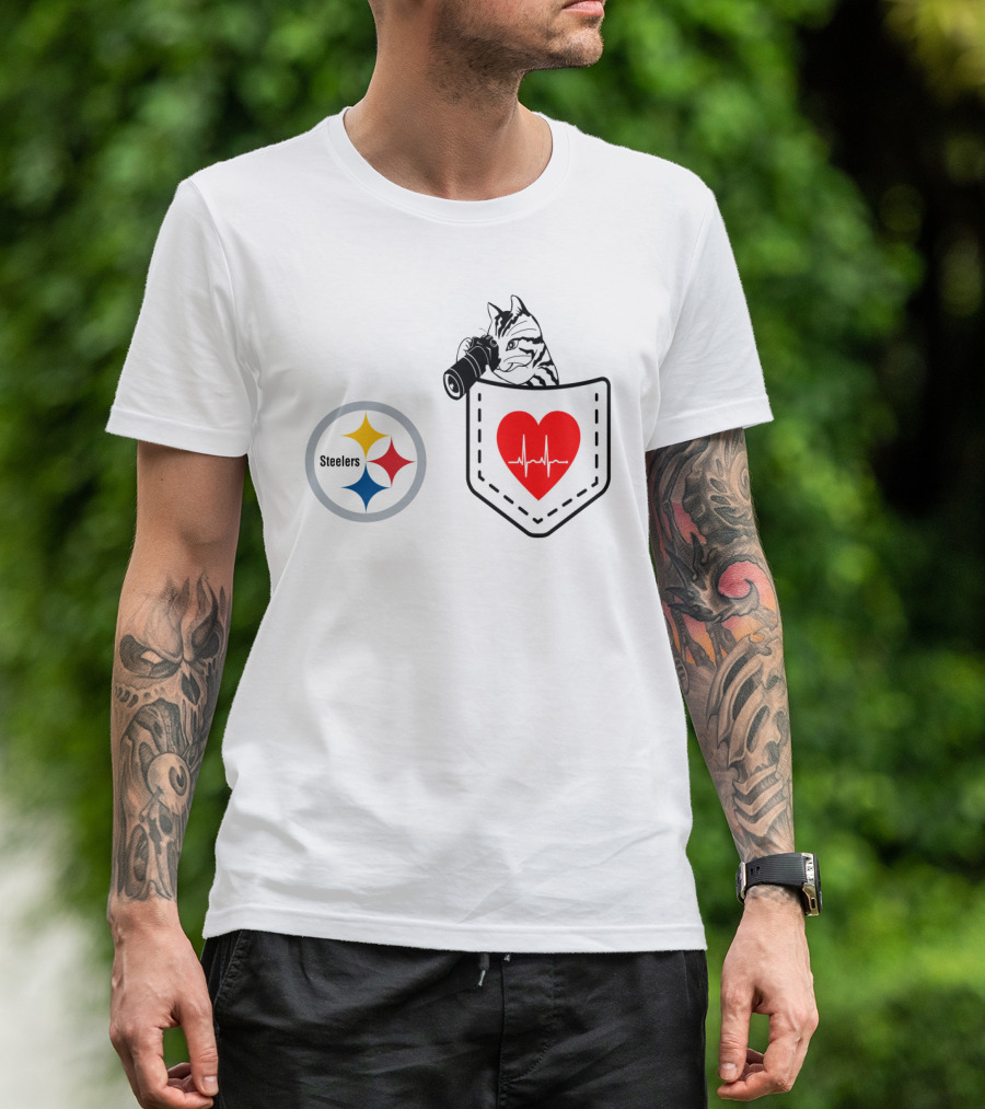 Pittsburgh Steelers Cat With Heartbeat Pocket T-Shirt