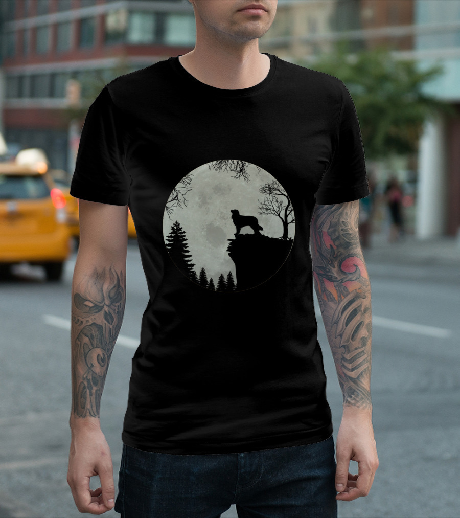 Australian Shepherd Full Moon Silhouette On Cliff T-Shirt
