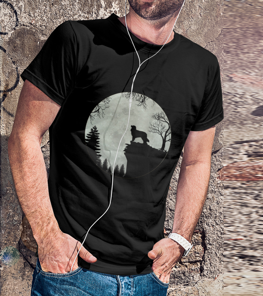 Australian Shepherd Full Moon Silhouette On Cliff T-Shirt