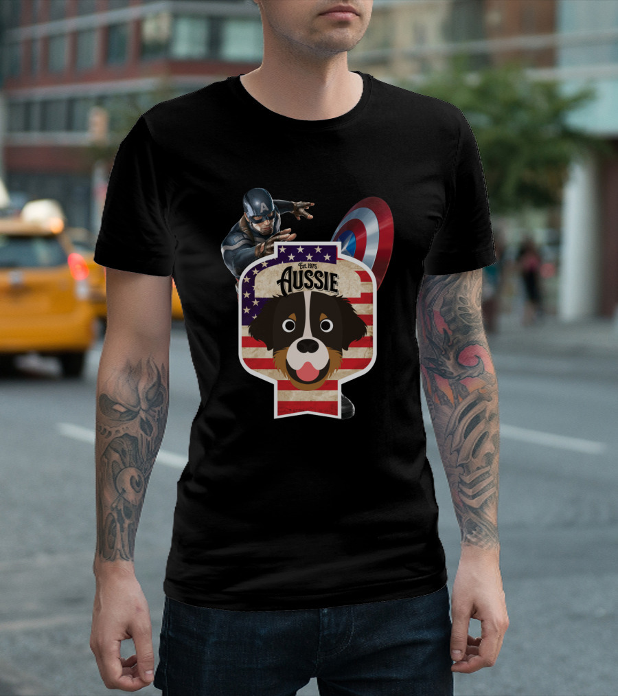 Aussie Australian Shepherd Est. 1975 Captain America Shield Stars And Stripes T-Shirt