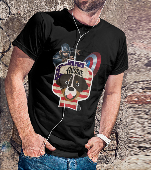 Aussie Australian Shepherd Est. 1975 Captain America Shield Stars And Stripes T-Shirt