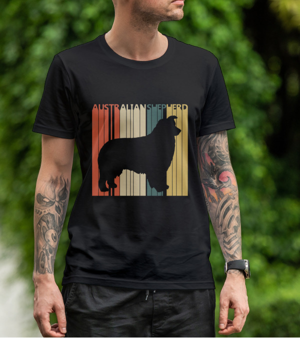 Australian Shepherd Silhouette With Vintage Stripes T-Shirt
