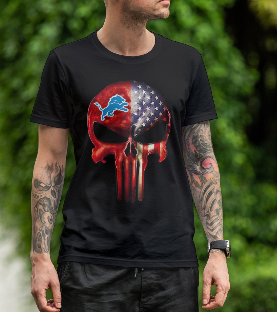 Patriotic Detroit Lions Punisher Skull T-Shirt
